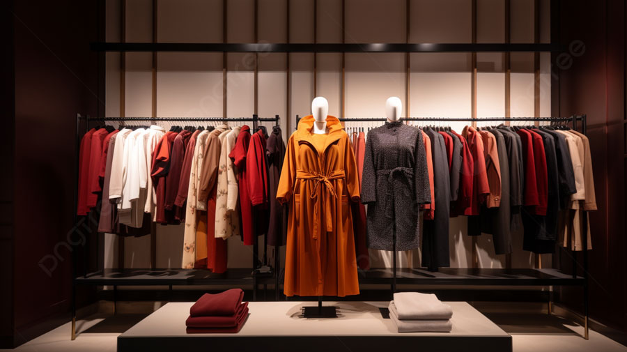 فروشگاه لباس در پس‌زمینه نمایشگاه مد رنگ قرمز و نارنجی